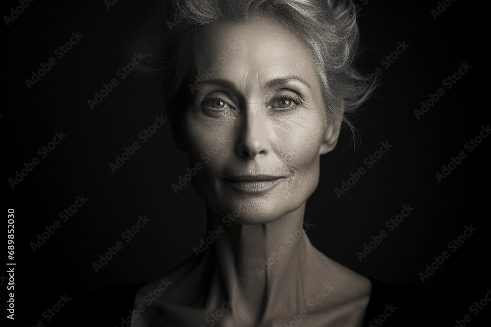 Sculptural monochrome portrait of a mature woman, elegant lines, defined cheekbones