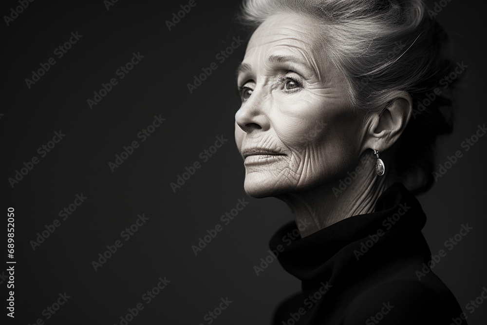 Sculptural monochrome portrait of a mature woman, elegant lines, defined cheekbones
