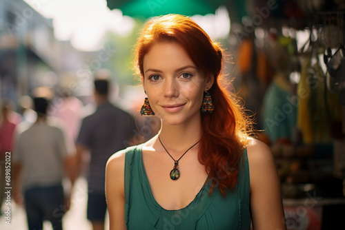woman with auburn hair  sparkling green eyes  wearing a jewel-toned turquoise dress