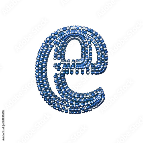 Symbol of small silver and blue spheres. letter e