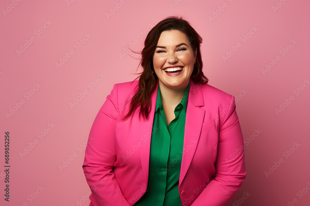 Slightly overweight businesswoman smiling confidently. Bold and vibrant clean minimalist studio portrait, copy space. Slightly overweight businesswoman smiling confidently. Bold and vibrant clean minimalist studio portrait, copy space.