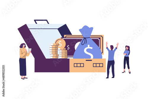 banking, money transfers, open suitcase full of money flat style illustration vector design