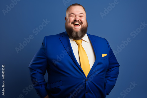 Slightly overweight businessman smiling confidently. Bold and vibrant clean minimalist studio portrait, copy space.