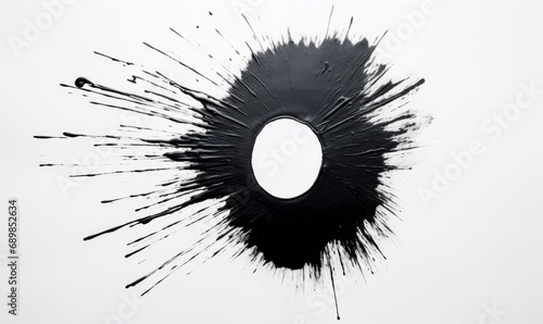 A stark black paint splash creating a white frame radiating outwards on a white background.. photo