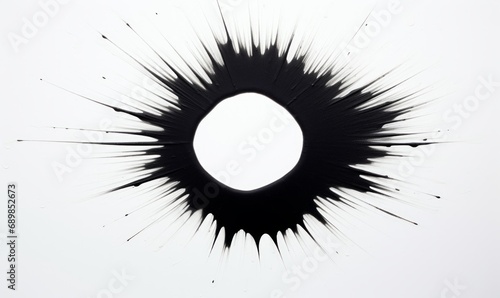 A stark black paint splash creating a white frame radiating outwards on a white background.. photo