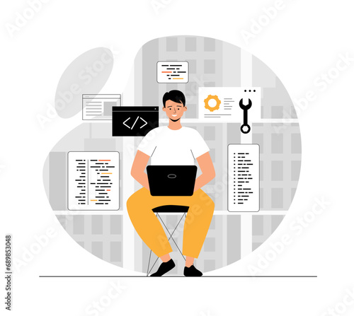 Software development, programming, coding. Man write code, settings and testing, developing programs and applications. Illustration with people scene in flat design for website and mobile development.