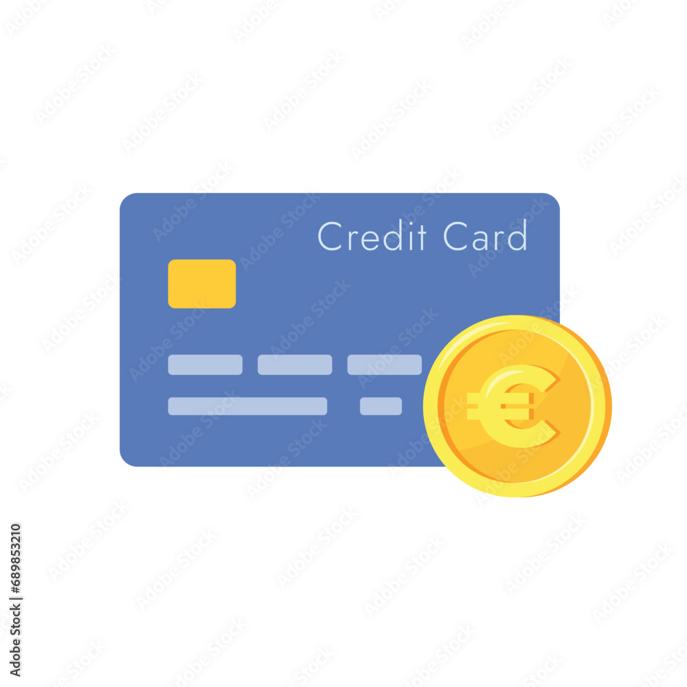 Credit card and coin with euro sign isolated on white background. Vector illustration	