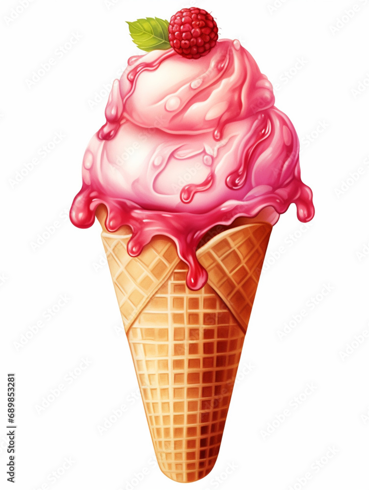 Raspberry Ice Cream Cone with Raspberries and Cherry. Watercolour isolated on white background.