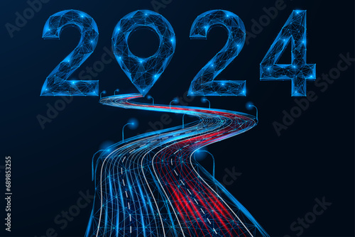 Road to 2024, the location pin at the end of the path. A low-poly design of interconnected elements. Blue background.