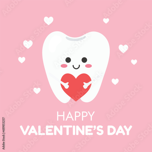 Happy Valentine's day. Greeting card with cute tooth. Vector illustration