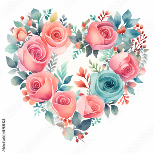 Roses In Love Shape. Watercolour Illustration of Floral Heart Isolated on White.
