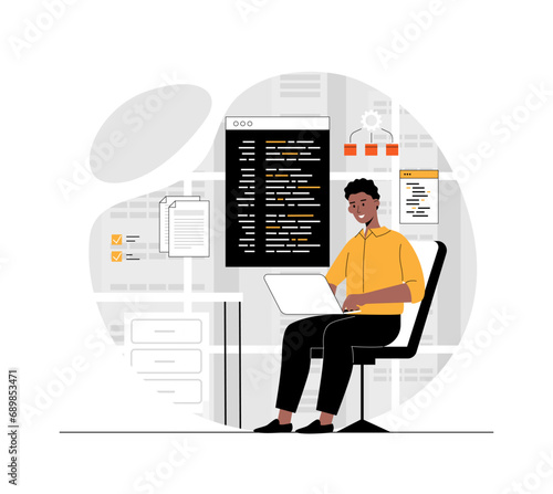 Software development, programming, coding. Man create software, write code and scripts, work with programming languages. Illustration with people scene in flat design for website and mobile develop