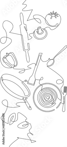 Cooking. Culinary hand drawn illustration. Continuous line drawing style. Graphic poster with Meal, Kitchen Utensils, Food Ingredients. Vector background.
