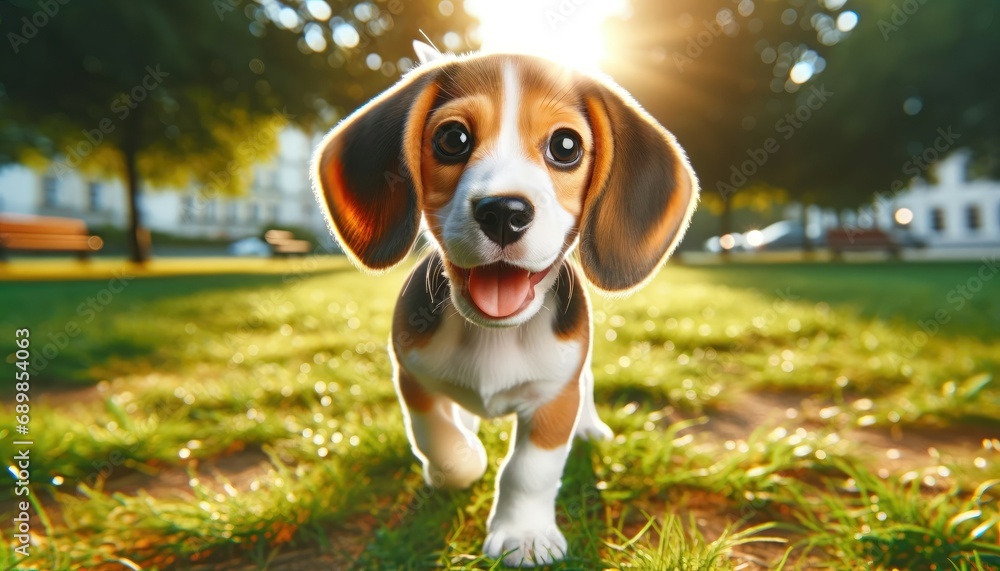 Cheerful Beagle puppy with floppy ears and a tongue-out smile, tail wagging in a sunny, grassy park.
