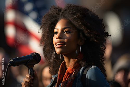 An African American woman speaks into a microphone at a rally against the background of the USA flag