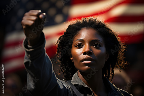 African American woman with raised fist against usa flag background