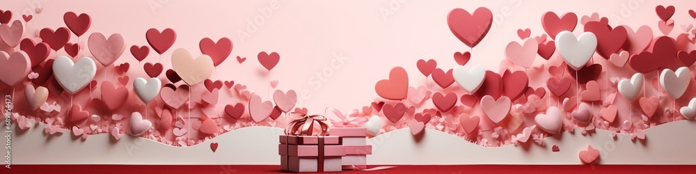 A creatively assembled paper art Valentine's Day scene, showcasing a gift box, paper ribbon and bow, amid a sea of hearts, on a canvas, with an area for text.