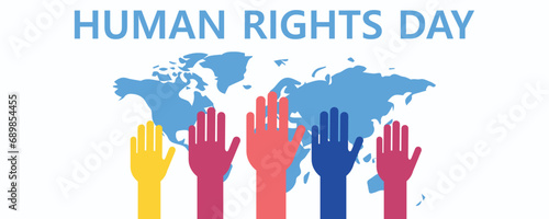 Awareness banner for Human Rights Day with many hands and world map