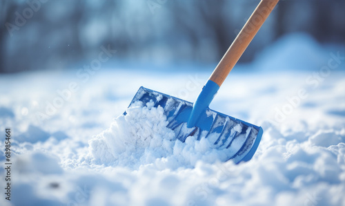 Shovel in the snow, amazing blurred background
