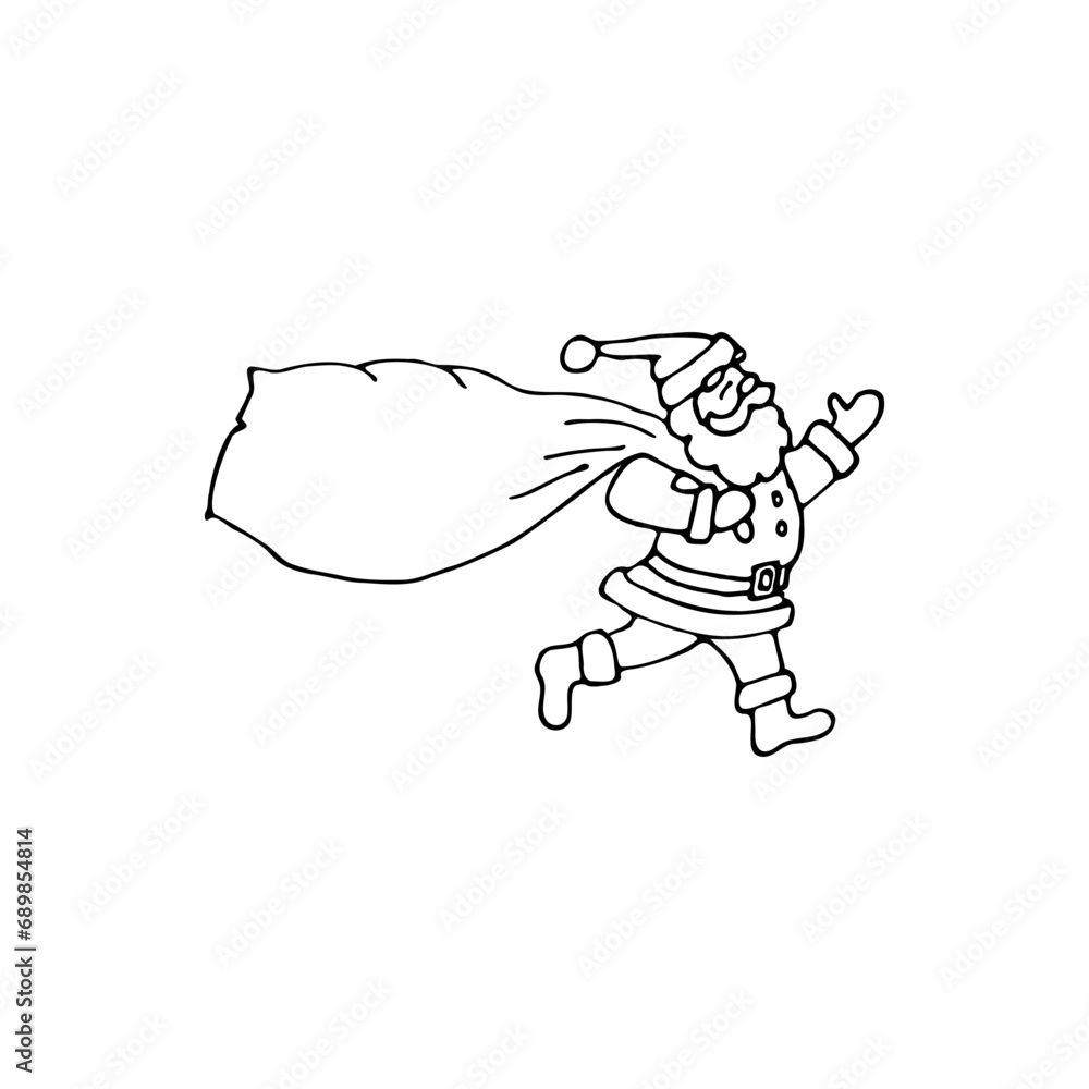 Vector doodle illustration, hand drawn in cartoon style. Black and white linear drawing of Santa Claus with a bag of gifts. Vector doodle illustration, hand drawn in cartoon style. Black and white linear drawing of Santa Claus with a bag of gifts.