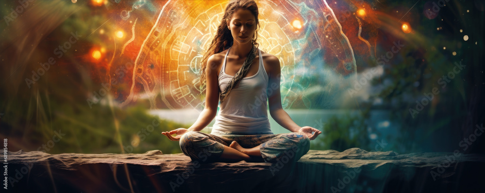Spiritual woman is meditating in lotus pose in amazing colorful psychedelic background. - obrazy, fototapety, plakaty 