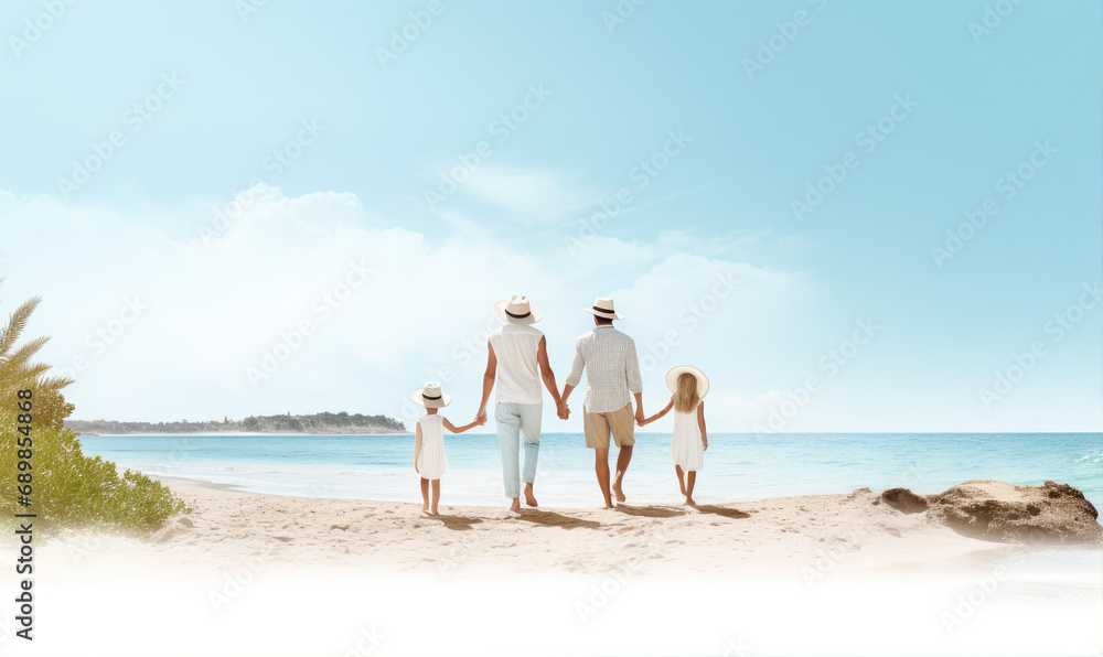 Happy young family on the amazing beach during sunny summer holiday day