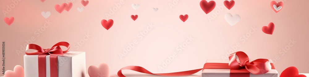 A romantically designed paper art Valentine's Day banner, featuring a DIY gift box, a paper ribbon and bow, surrounded by hearts, set against a backdrop with room for text.