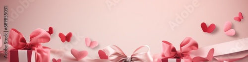A romantically designed paper art Valentine's Day banner, featuring a DIY gift box, paper ribbon, and bow, amidst hearts, set against a backdrop with room for text.