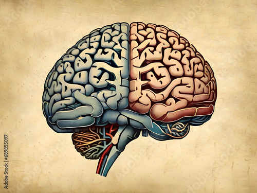 Vintage illusrtation of human brain structure and zones and anatomy. medical concept. generative ai photo