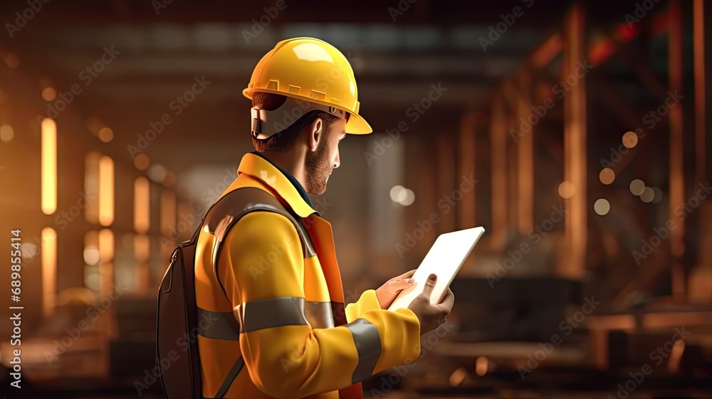 a construction specialist using a tablet computer, highlighting the precision and technology involved in construction work. a construction specialist using a tablet computer, highlighting the precision and technology involved in construction work.