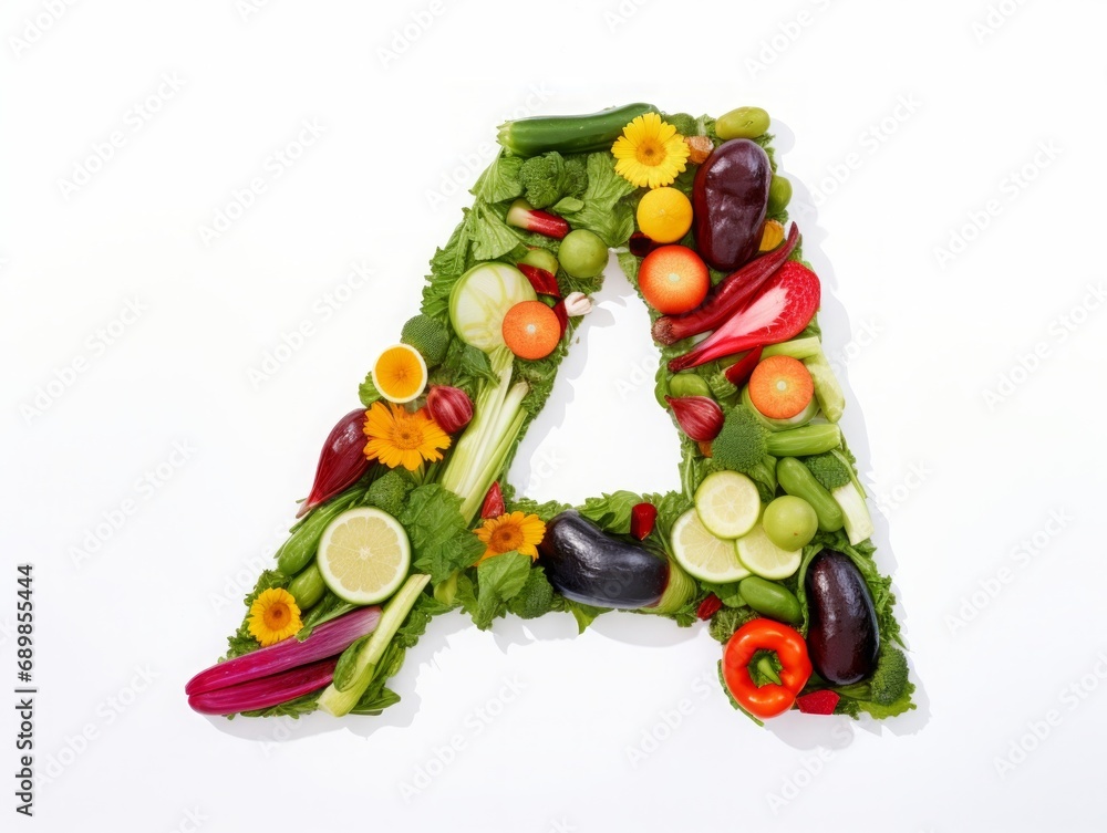 The Letter A Crafted from an Array of Fresh Vegetables, Showcasing Vibrant Nutrition and Wholesome Dietary Diversity