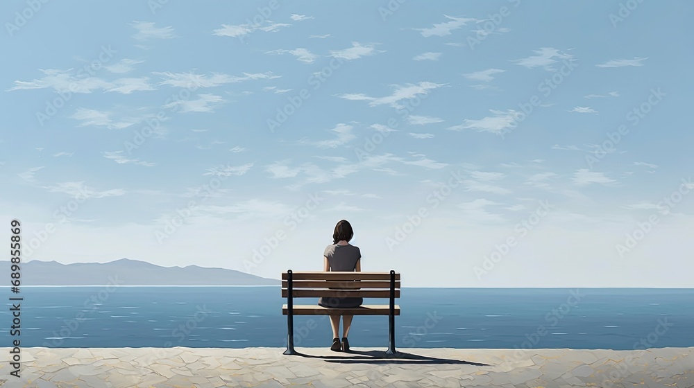 an unhappy single woman sitting on a bench, gazing at the distant sea or seascape horizon in a minimalist, modern composition.