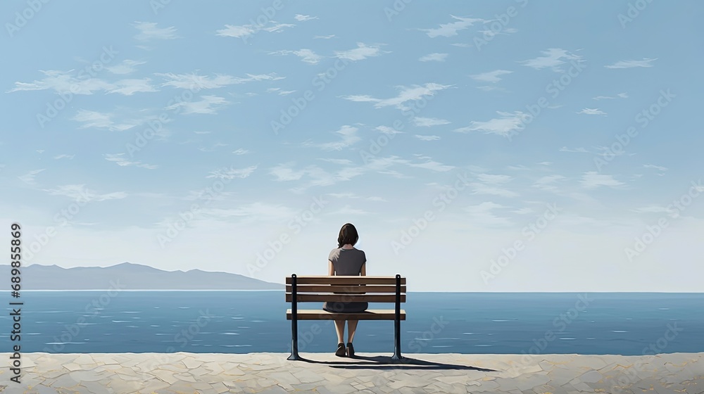 an unhappy single woman sitting on a bench, gazing at the distant sea or seascape horizon in a minimalist, modern composition. an unhappy single woman sitting on a bench, gazing at the distant sea or seascape horizon in a minimalist, modern composition.