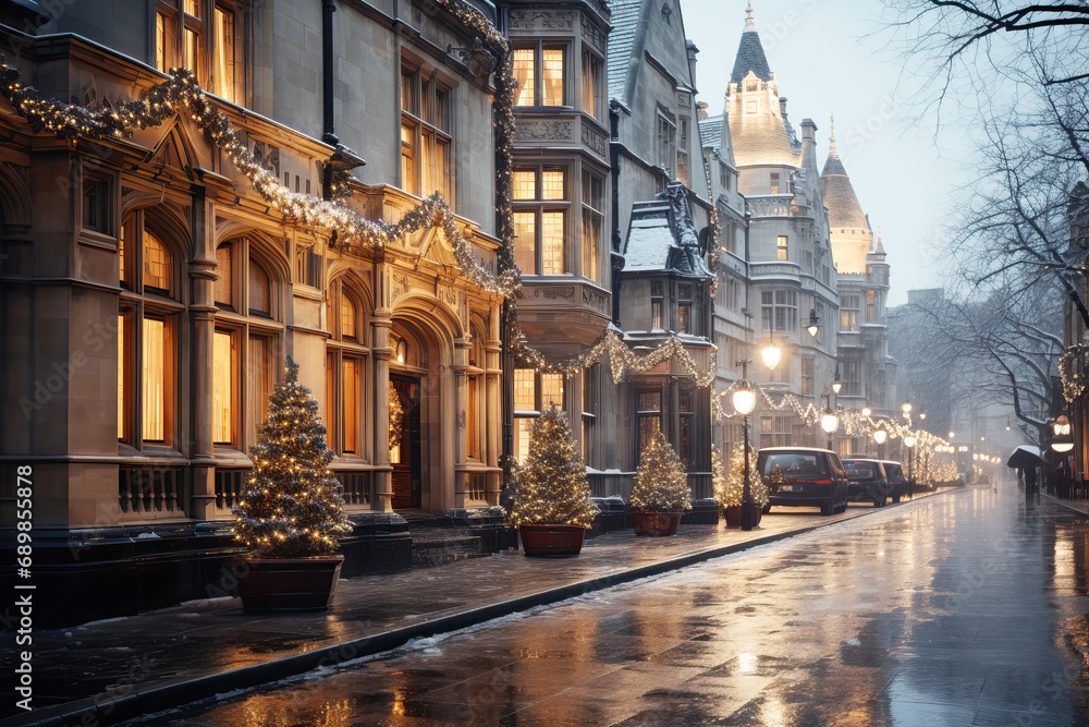 Winter cityscape snow covered streets lined with historical buildings adorned with festive lights and decorations