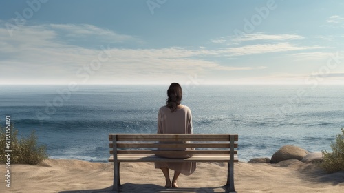 an unhappy single woman sitting on a bench, gazing at the distant sea or seascape horizon in a minimalist, modern composition.