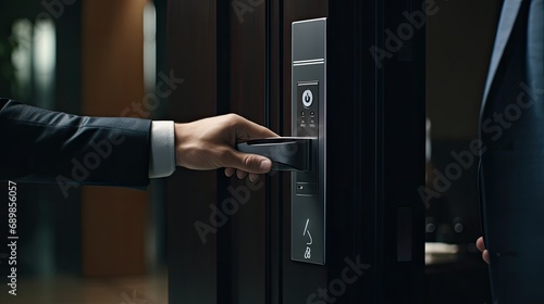 a business man in a close-up, employing a fingerprint to unlock a smart key home entrance, with a focus on minimalist and modern design elements.