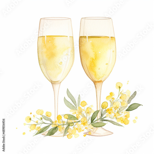 Wedding: Two Glasses of Champagne with Flowers. Watercolour illustration isolated on white background.