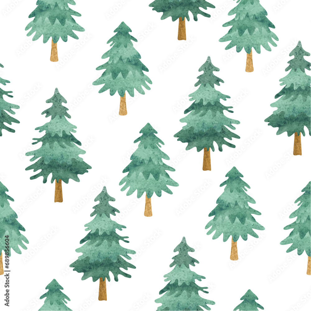 Seamless Christmas tree pattern with watercolor pine trees. Winter forest vector illustration