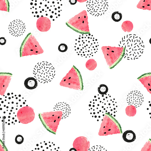 Abstract seamless watermelon pattern. Fruits and dots on white background