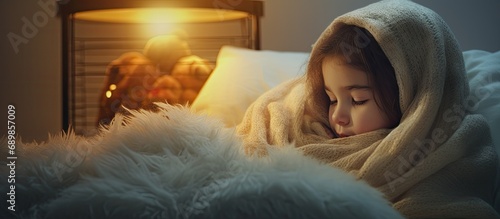 Child using electric heater and blanket to keep warm during cold season.