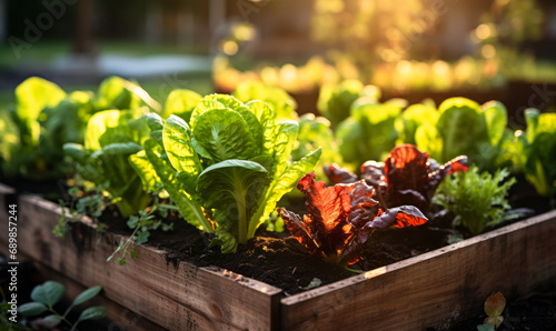 Lush vegetable garden in raised wooden bed with vibrant green lettuce and red chard basking in the golden sunlight, symbolizing organic growth and sustainable gardening