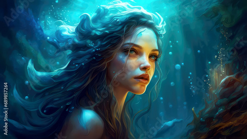 Beautiful mermaid under water with light shine trough water surface. Generative AI © svf74
