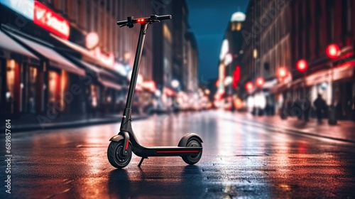 an electric scooter on the sidewalk near a road in the heart of the city, the essence of urban mobility in a minimalist and modern style © lililia