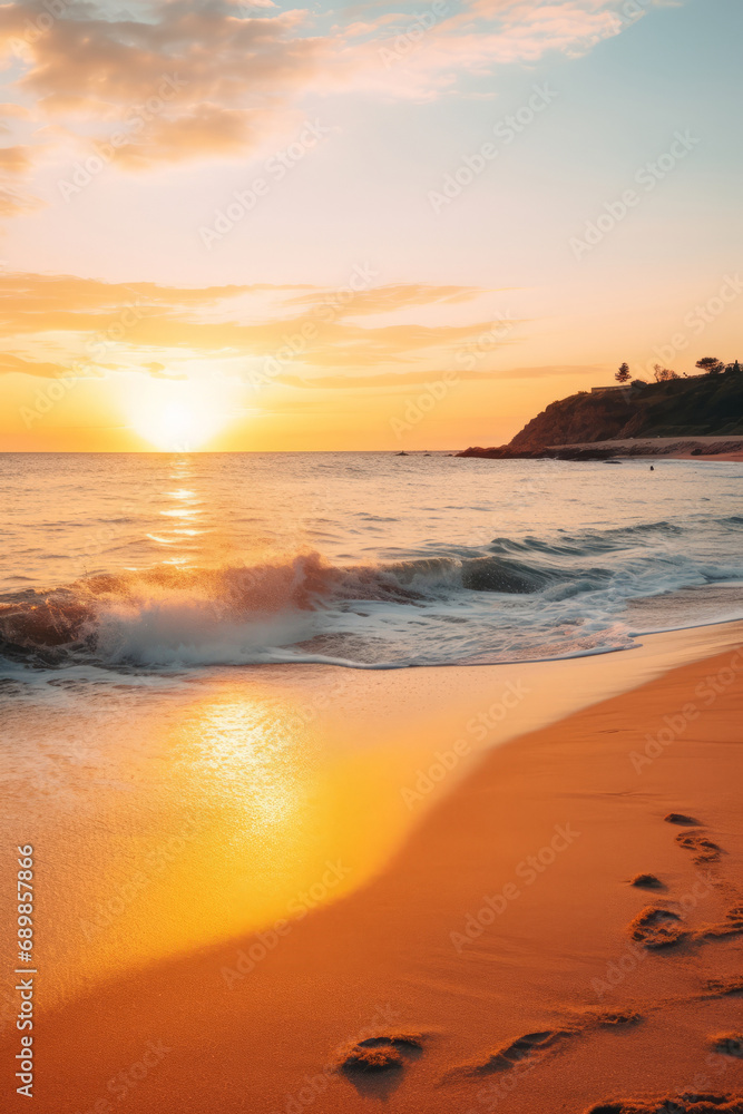 A world of peace and tranquility: a hyper-realistic photograph of a beach at golden hour.