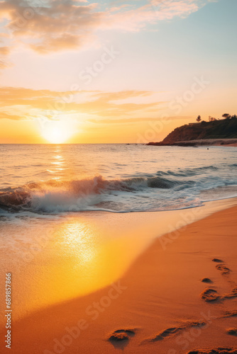 A world of peace and tranquility  a hyper-realistic photograph of a beach at golden hour.