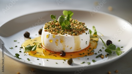 homemade yogurt cheese - labneh, topped with seeds and olive oil, showcased in a white plate in a modern kitchen, a minimalist and modern composition
