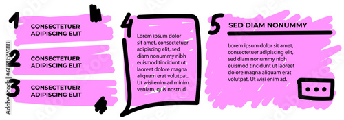 5 steps infographic with hand drawn text box. Step by step instruction. Empty way progress design template. Data visualization. Design element for presentation with copy space. Design for list