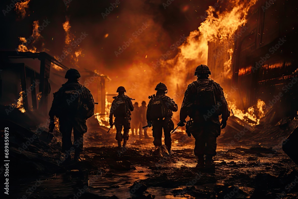 Obraz na płótnie żołnierze chodzący po ulicach palącego się miasta w salonie