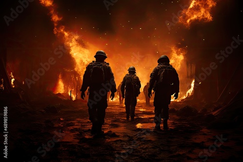 żołnierze chodzący po ulicach palącego się miasta