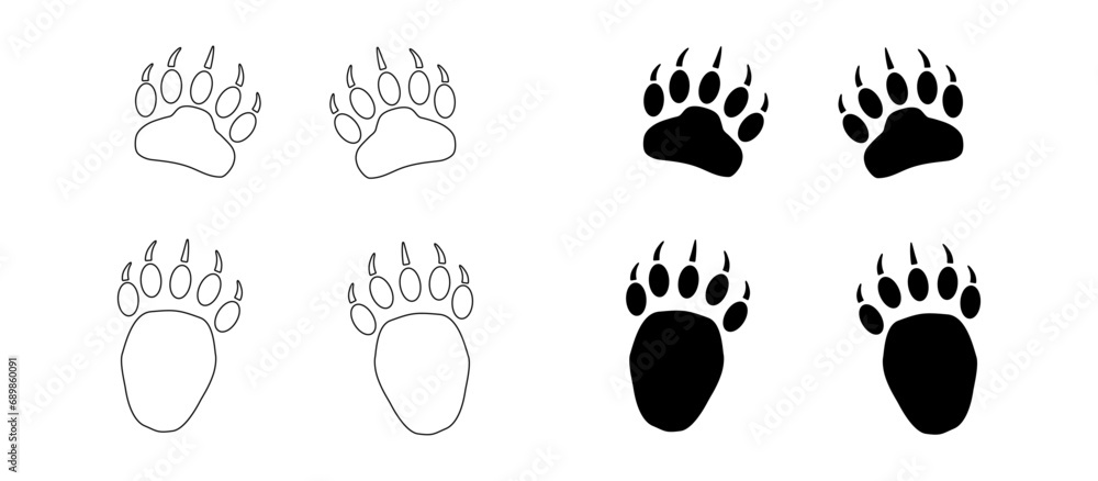 Bear or panda paw footprints with claws. Silhouette and Contour. Black ...